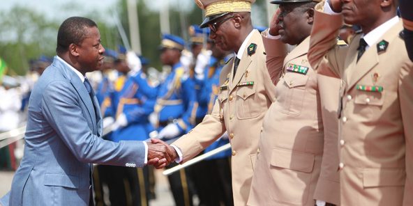 Faure Gnassingbé, lors du lancement de la construction d’une usine d’habillement militaire à Adétikopé, en 2019.