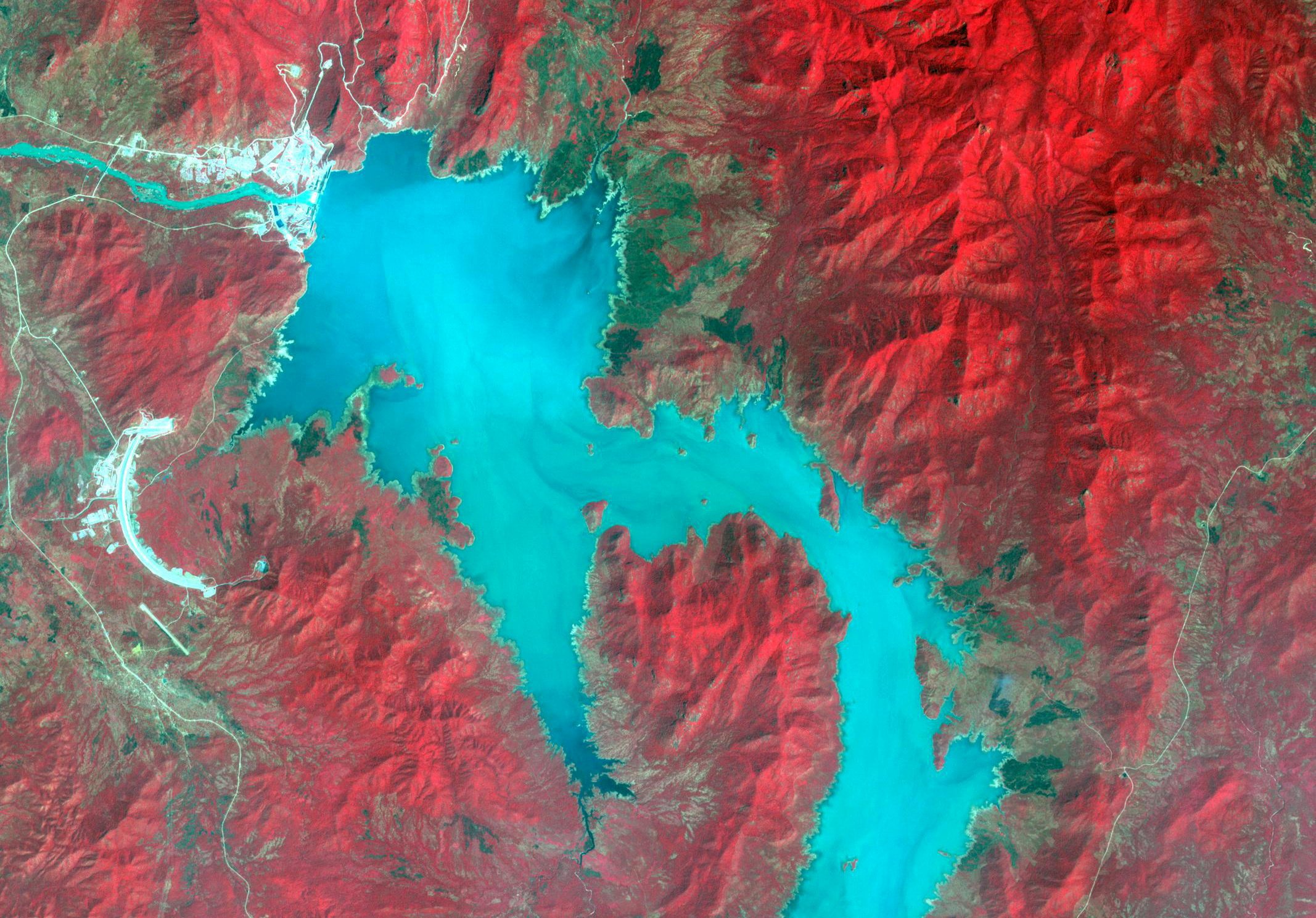 Image spectrale prise par satellite du Nil Bleu lors de la phase 1 du remplissage du Grand Barrage éthiopien de la Renaissance, le 6 novembre 2020.