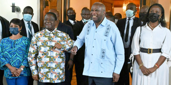Henriette et Henri Konan Bédié (à gauche), et Laurent Gbagbo et Nady Bamba, le 10 juillet à Daoukro.