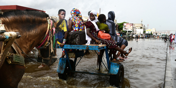 Après de fortes pluies, des habitants de Dakar sont évacués grâce à des attelages. Le 22 août 2021.