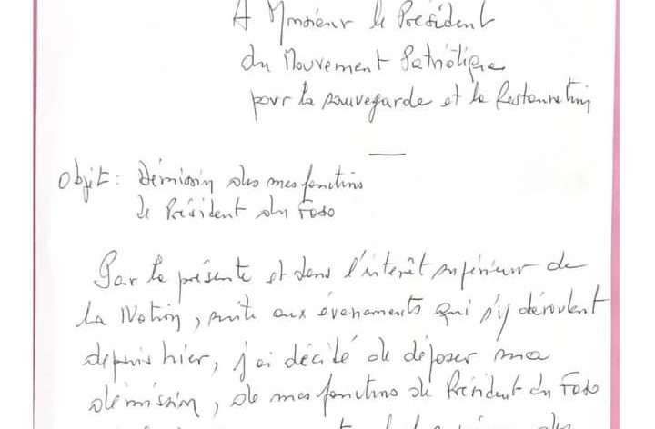 La lettre de démission de Roch Marc Christian Kaboré.
